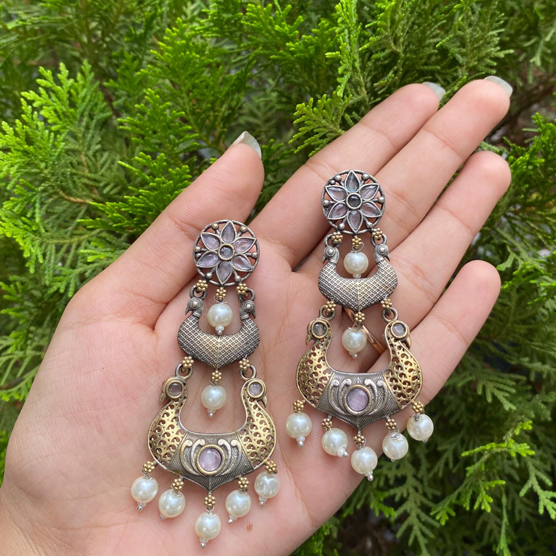 Pearl Cascade Crescent Earrings – A Tale of Silver, Gold & Timeless Grace