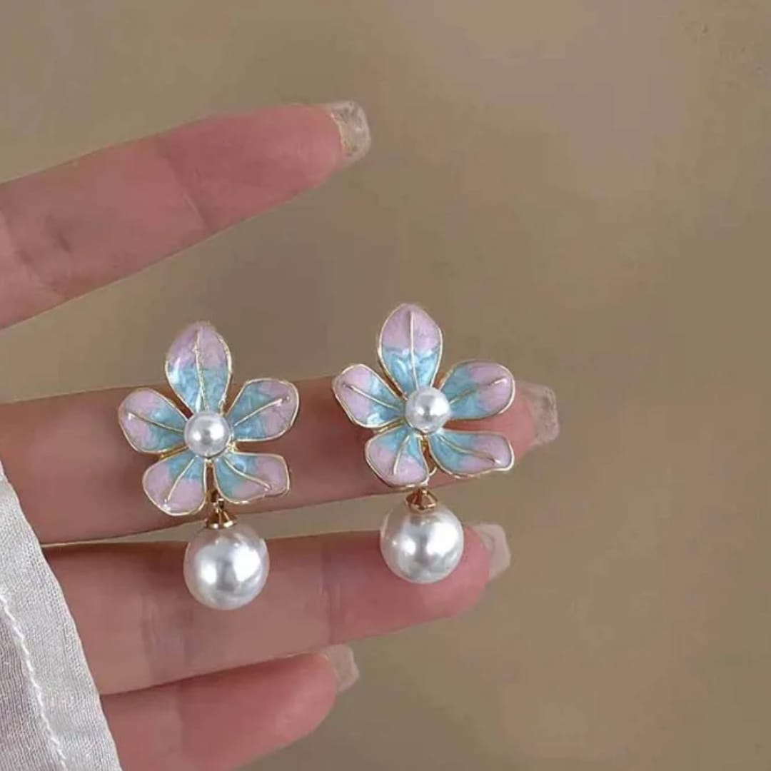 Pink & Blue Floral Pearl Drop Earrings – Gold Plated Delight