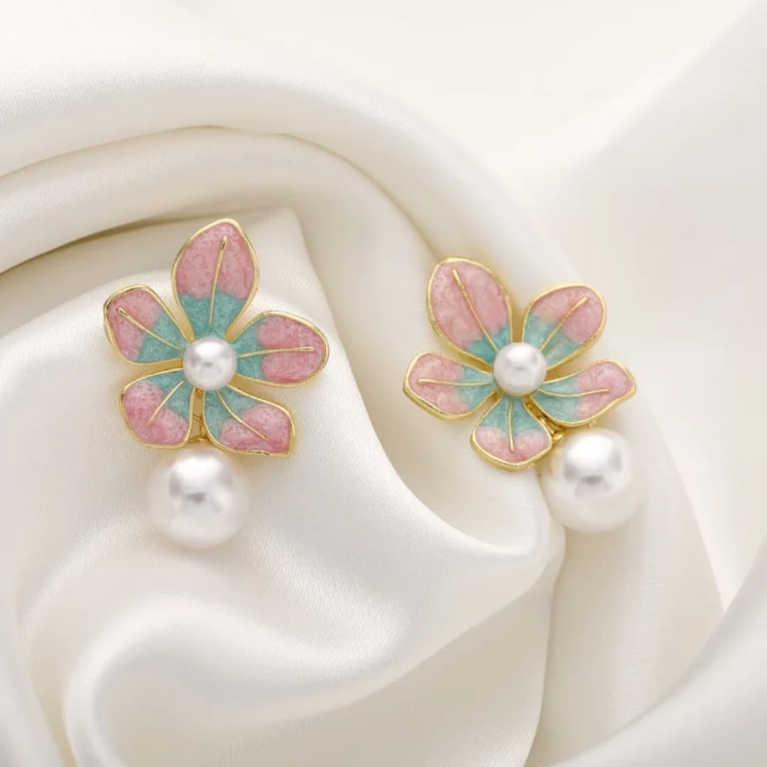 Pink & Blue Floral Pearl Drop Earrings – Gold Plated Delight