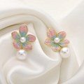 Pink & Blue Floral Pearl Drop Earrings – Gold Plated Delight