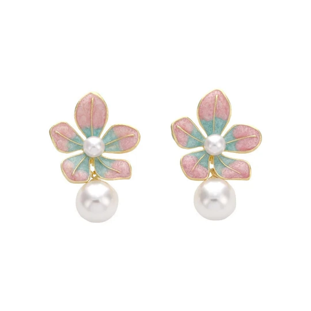 Pink & Blue Floral Pearl Drop Earrings – Gold Plated Delight