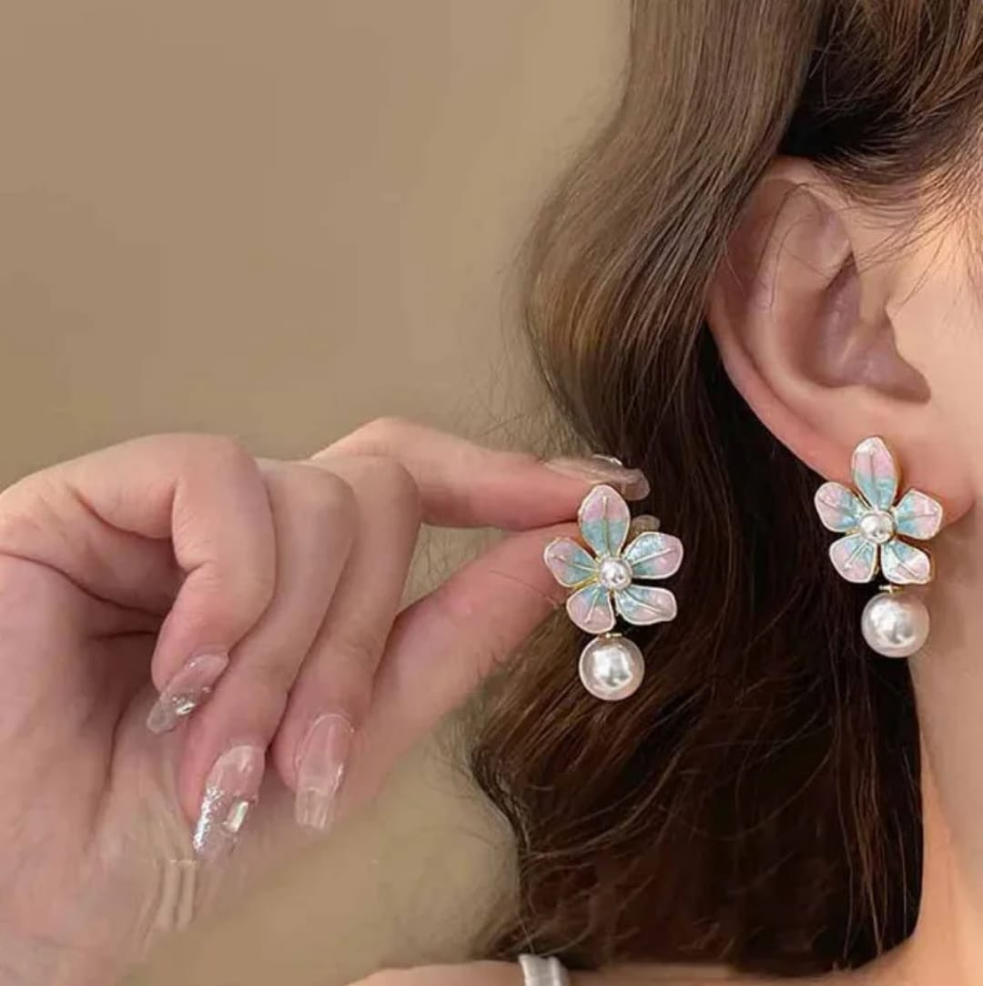 Pink & Blue Floral Pearl Drop Earrings – Gold Plated Delight