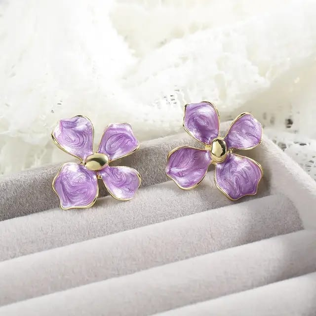 Purple Floral Enamel Stud Earrings with Gold Trim – Elegant Indian Jewelry for All Occasions