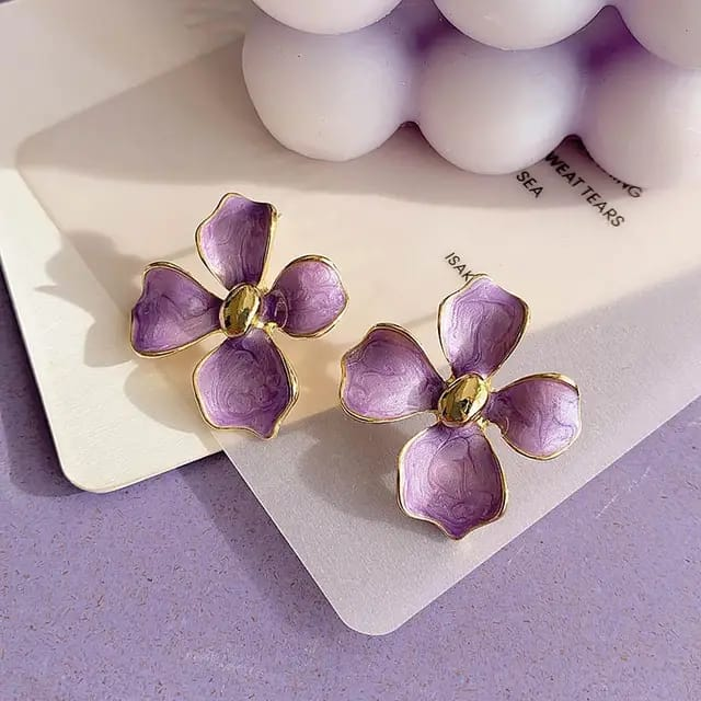 Purple Floral Enamel Stud Earrings with Gold Trim – Elegant Indian Jewelry for All Occasions