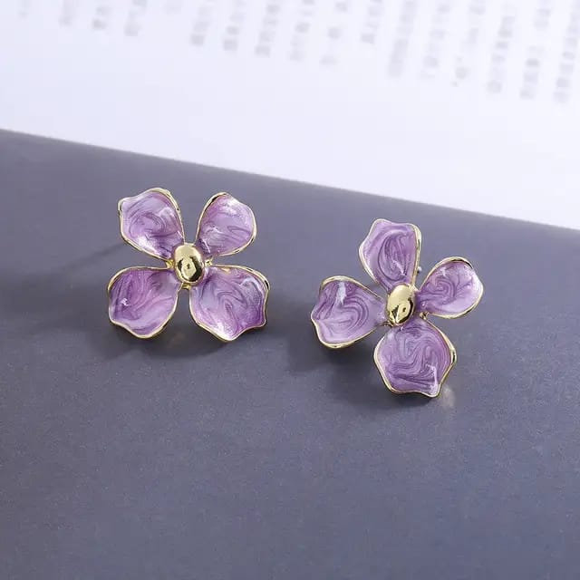 Purple Floral Enamel Stud Earrings with Gold Trim – Elegant Indian Jewelry for All Occasions