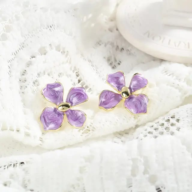 Purple Floral Enamel Stud Earrings with Gold Trim – Elegant Indian Jewelry for All Occasions