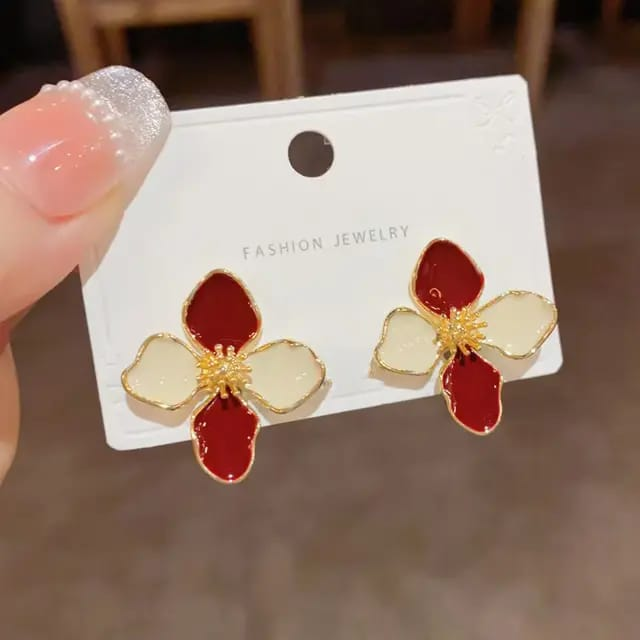 Red & Ivory Enamel Flower Earrings – Gold Plated Studs with Timeless Charm