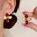 Red & Ivory Enamel Flower Earrings – Gold Plated Studs with Timeless Charm