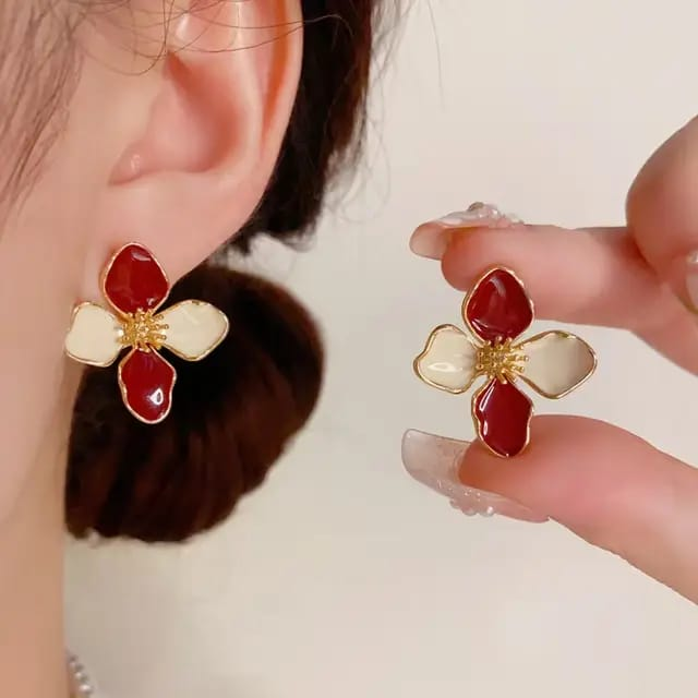 Red & Ivory Enamel Flower Earrings – Gold Plated Studs with Timeless Charm