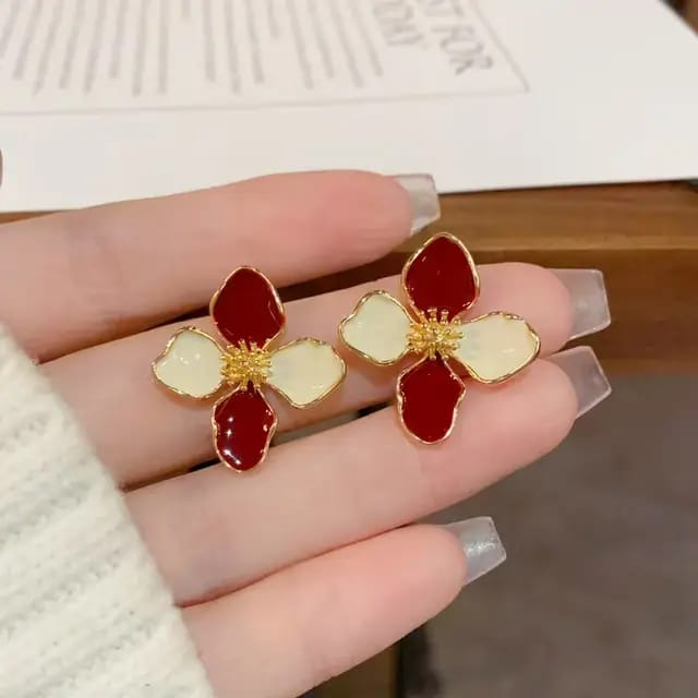 Red & Ivory Enamel Flower Earrings – Gold Plated Studs with Timeless Charm