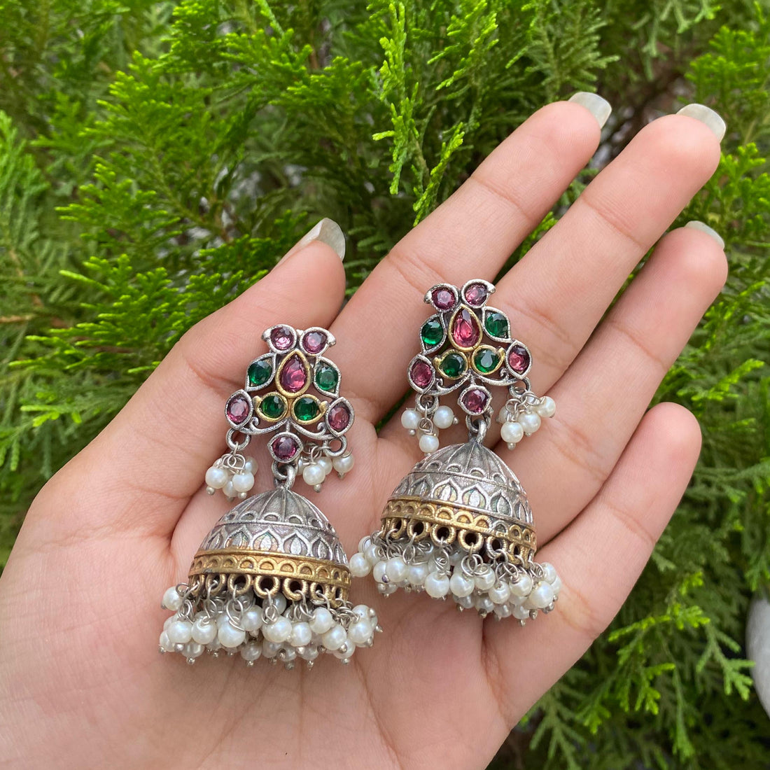 Regal Blossom Pearl Jhumkas – A Celebration of Color, Silver & Tradition