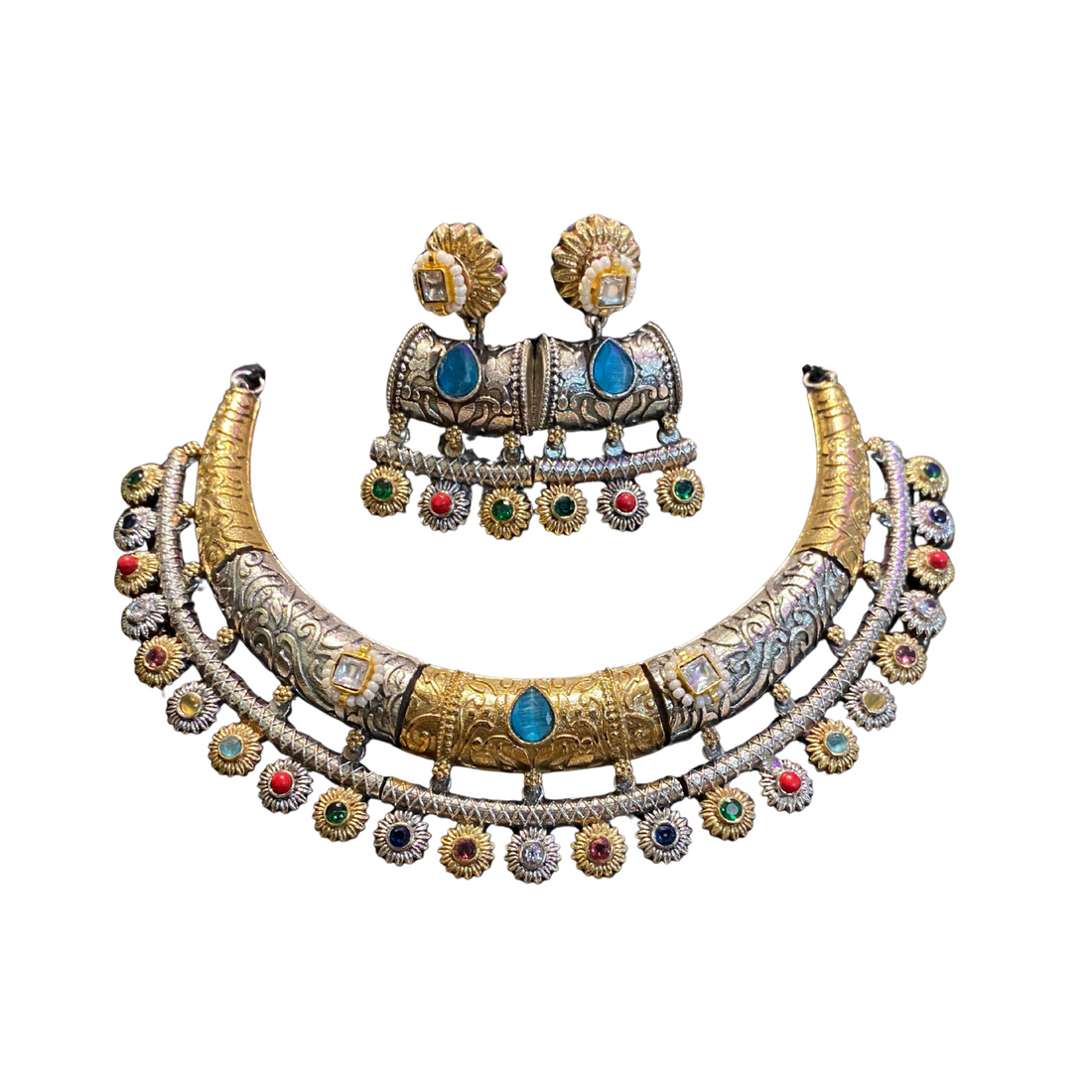 Regal Navratna Heritage Necklace Set – A Symphony of Nine Divine Gems