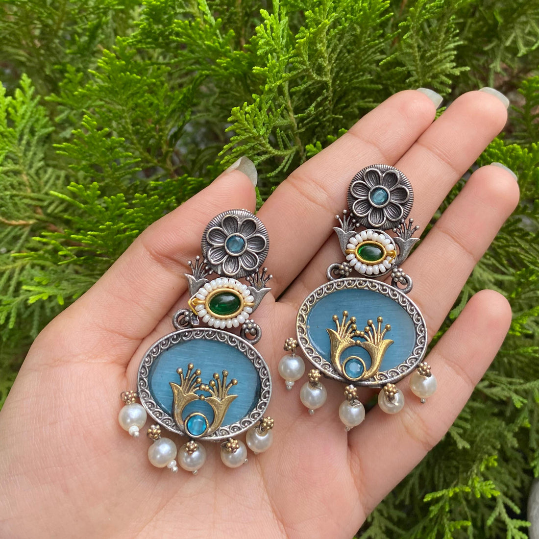 Regal Ocean Bloom Earrings – Pearl Drops & Golden Florals on Azure Enamel