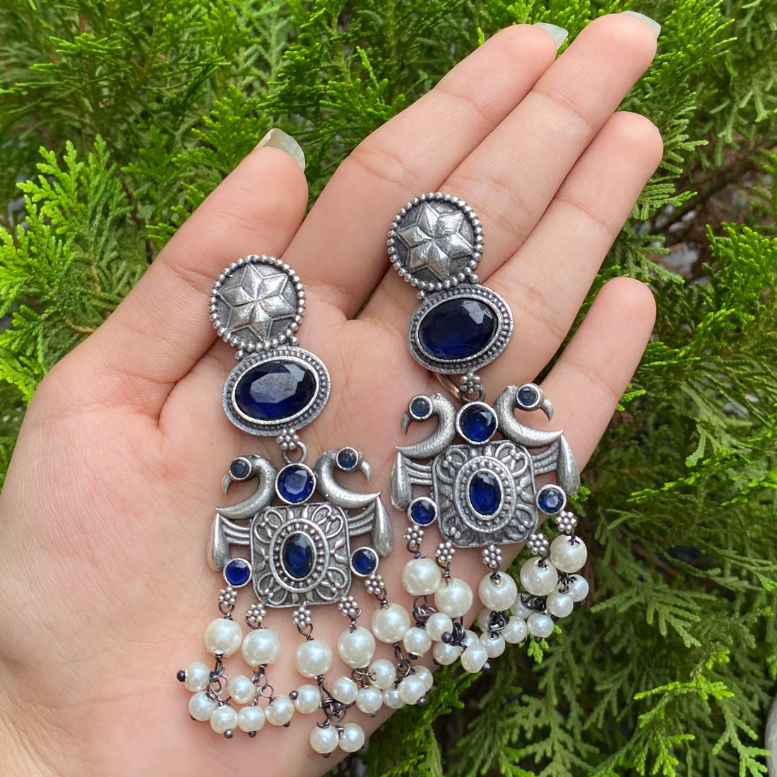 Royal Blue Swan Jhumkas – A Graceful Dance of Elegance and Serenity