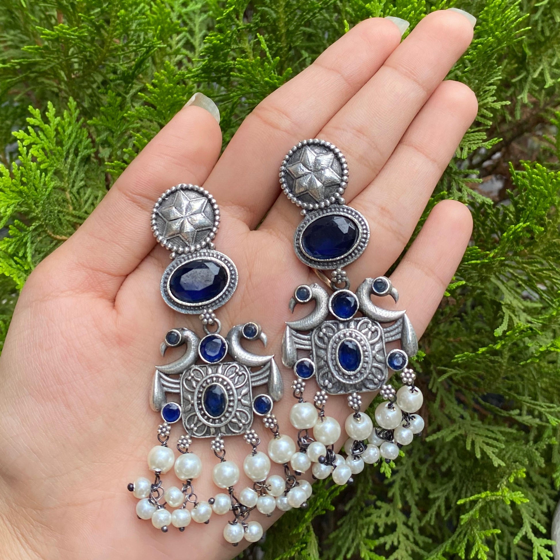 Royal Blue Swan Jhumkas – A Graceful Dance of Elegance and Serenity