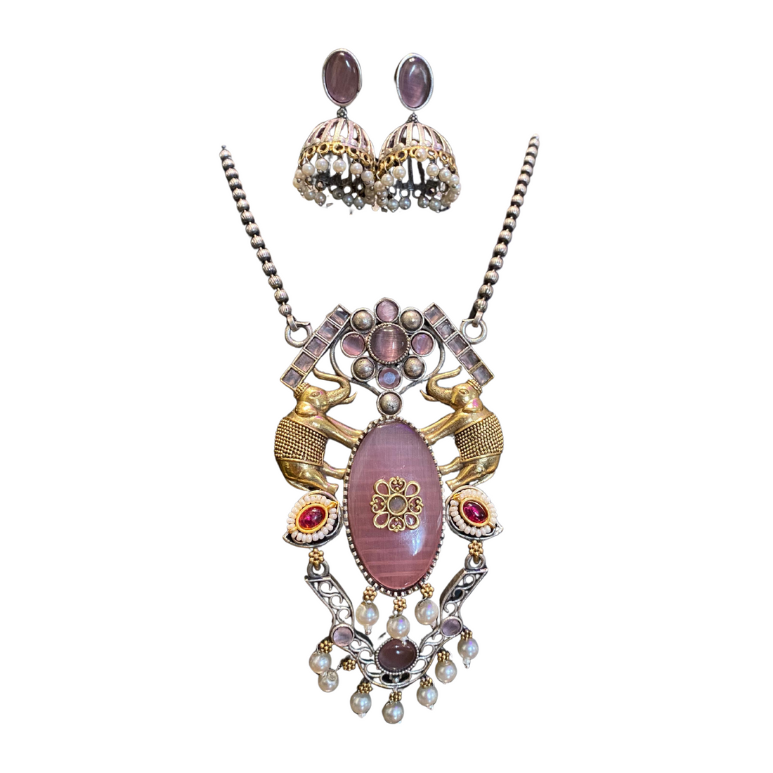 Royal Deer & Lotus Pink Stone Necklace Set – A Graceful Harmony of Nature and Elegance