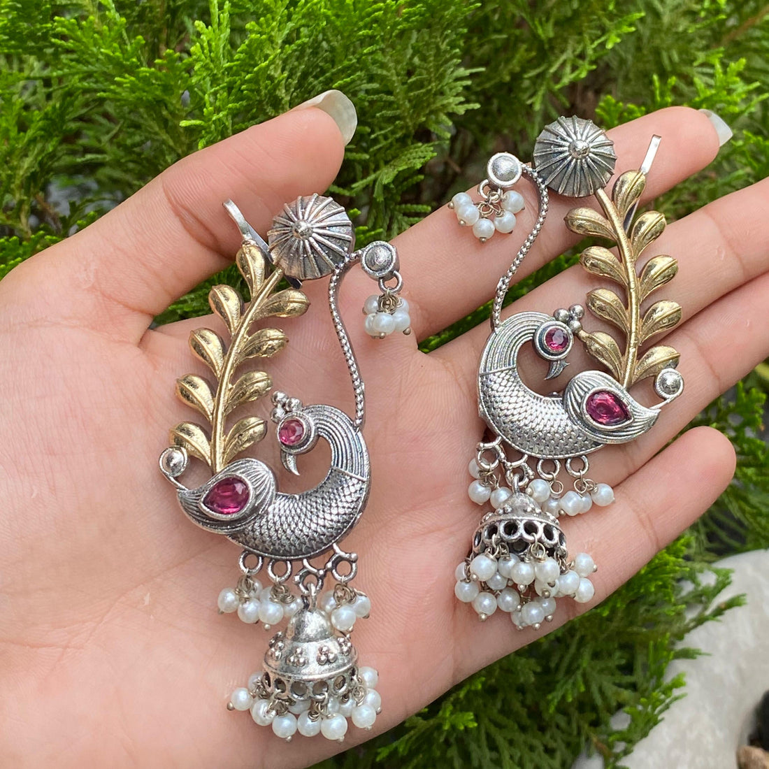 Ruby Peacock Elegance Jhumkas – A Fiery Dance of Passion and Grace