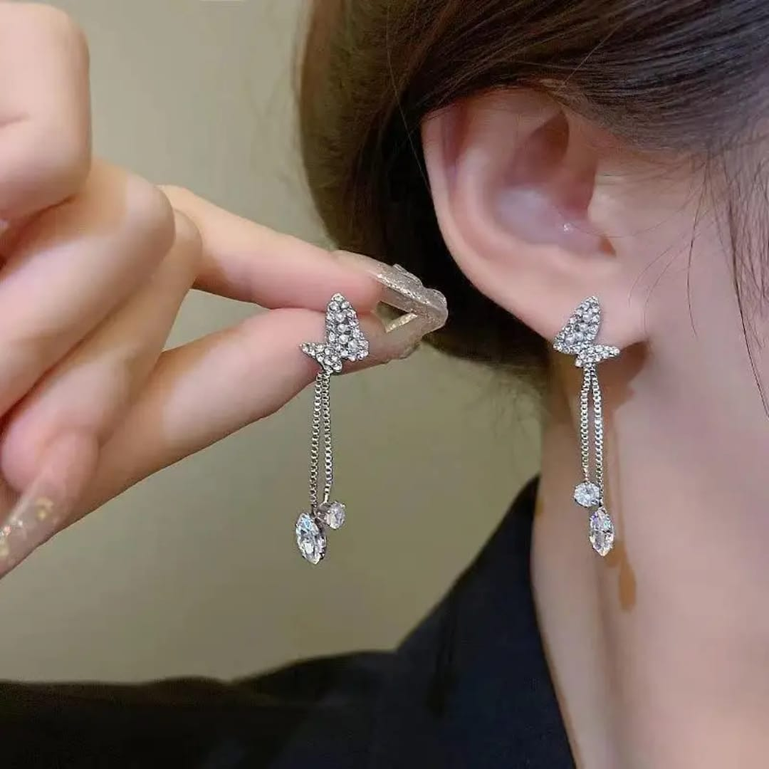 Silver-Plated Butterfly Drop Earrings – Sparkling Crystal Charms