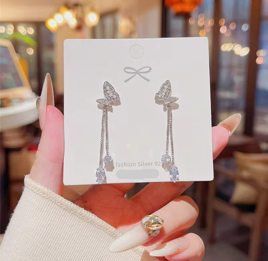 Silver-Plated Butterfly Drop Earrings – Sparkling Crystal Charms