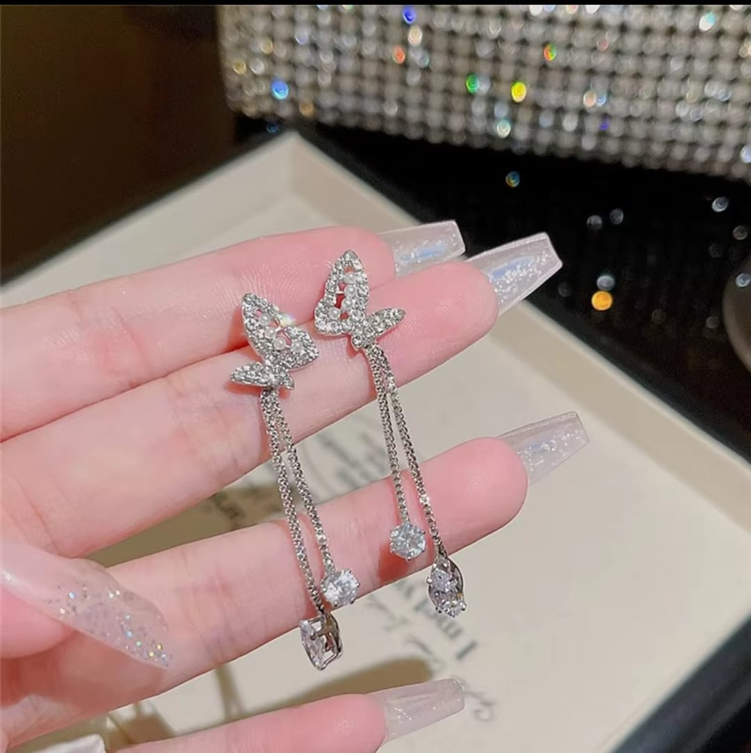 Silver-Plated Butterfly Drop Earrings – Sparkling Crystal Charms