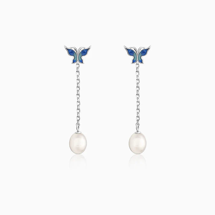 Silver Butterfly Pearl Dangle Earrings – Graceful Beauty in Pure 925 Silver