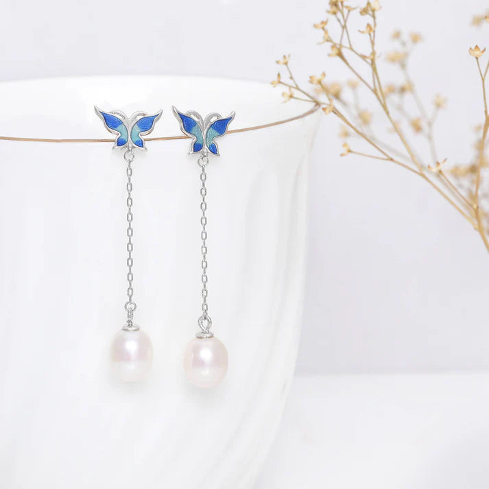 Silver Butterfly Pearl Dangle Earrings – Graceful Beauty in Pure 925 Silver