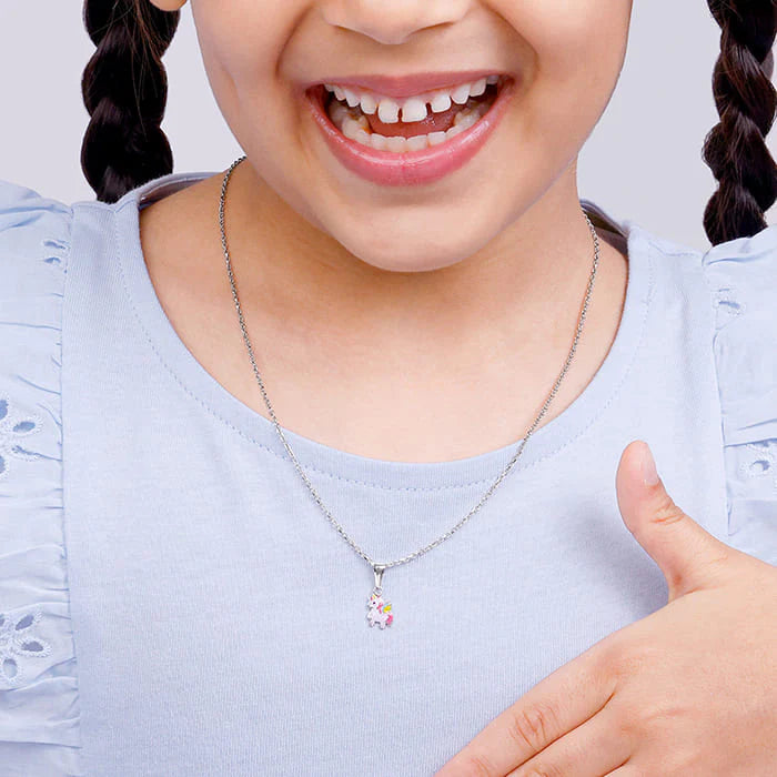 Silver Colourful Unicorn Kids Pendant with Link Chain (7–10 yrs)