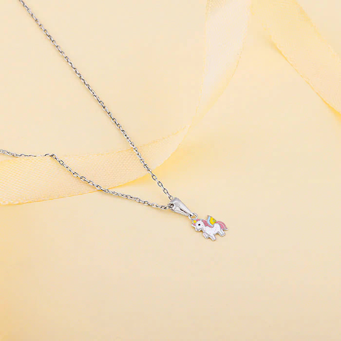 Silver Colourful Unicorn Kids Pendant with Link Chain (7–10 yrs)