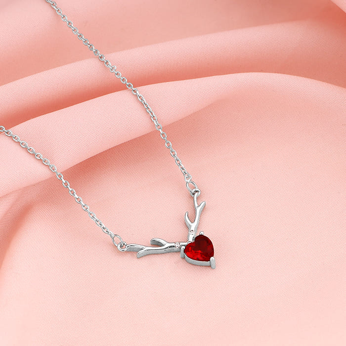 Silver Deer Heart in Red Necklace – Made with Pure 925 Silver
