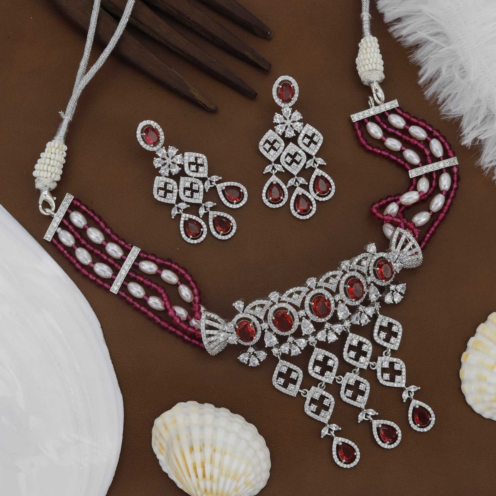 Silver Diamond Choker Set with Red Stone – A Captivating Fusion of Classic Elegance and Bold Beauty