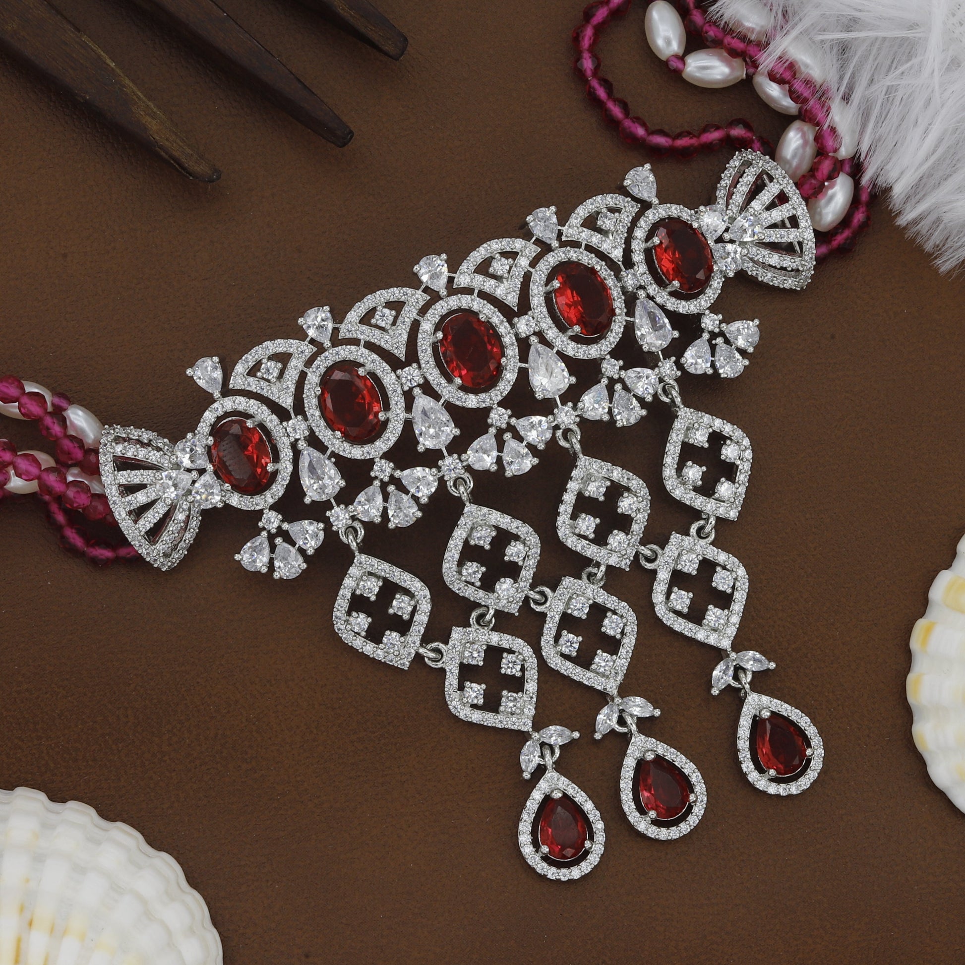Silver Diamond Choker Set with Red Stone – A Captivating Fusion of Classic Elegance and Bold Beauty