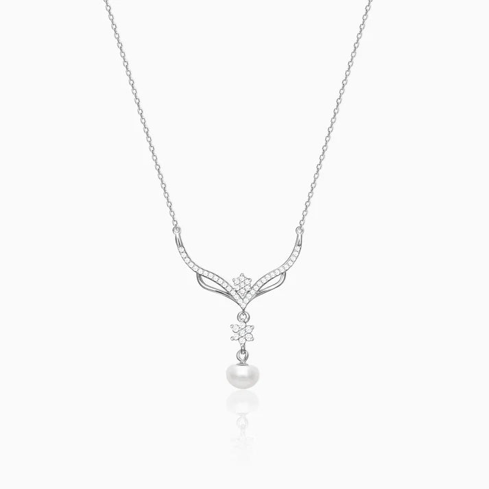 Silver Floral Studded Pearl Necklace – Made with Pure 925 Silver