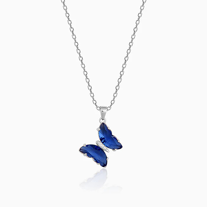 Silver Midnight Blue Butterfly Pendant with Link Chain – Made with Pure 925 Silver