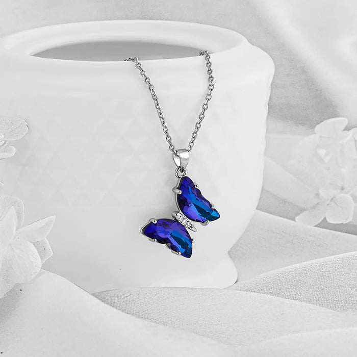 Silver Midnight Blue Butterfly Pendant with Link Chain – Made with Pure 925 Silver