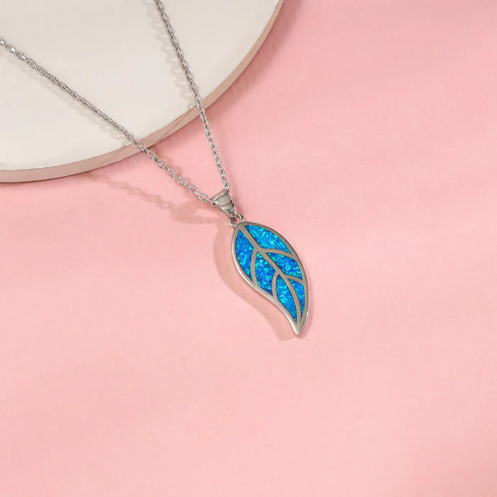 Silver Mystic Blue Leaf Pendant with Link Chain – Made with Pure 925 Silver