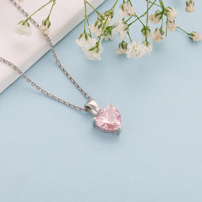 Silver Pink Heart Pendant with Link Chain – Made with Pure 925 Silver