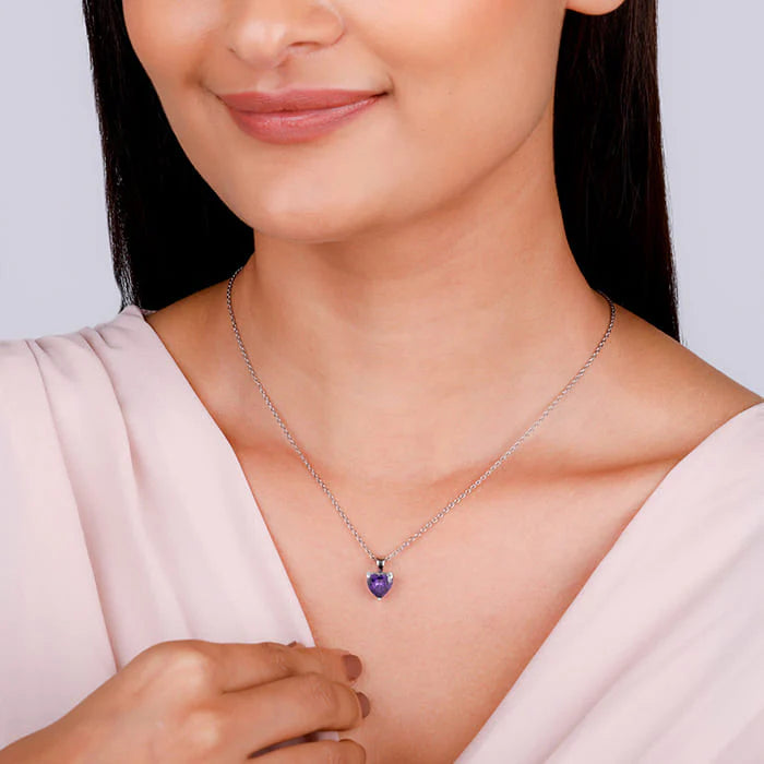 Silver Purple Heart Pendant with Link Chain – Made with Pure 925 Silver