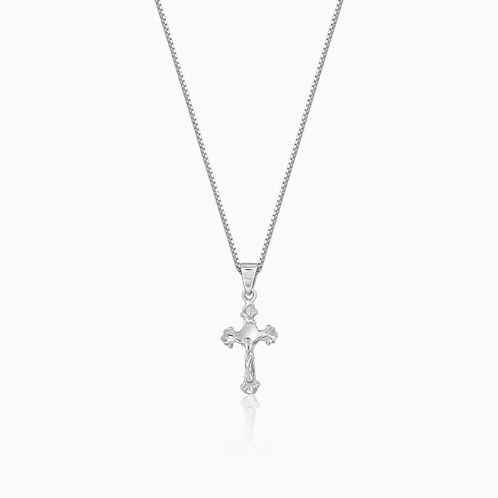 Silver Striped Cross Pendant with Box Chain For Him – Made with Pure 925 Silver