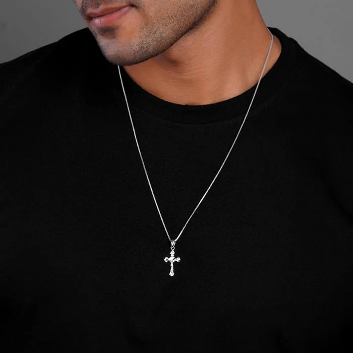 Silver Striped Cross Pendant with Box Chain For Him – Made with Pure 925 Silver