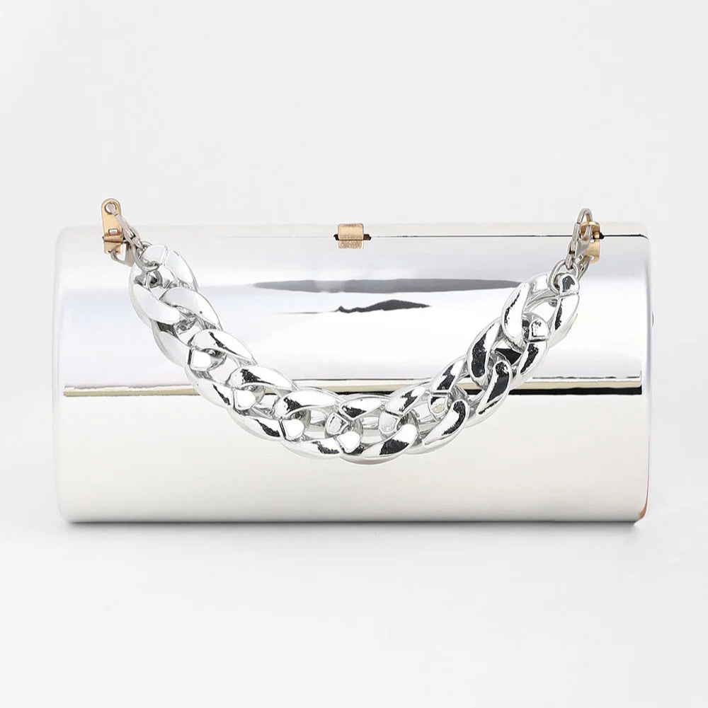 The Columner Clutch Bag – Metallic Silver – A Bold Statement of Modern Elegance