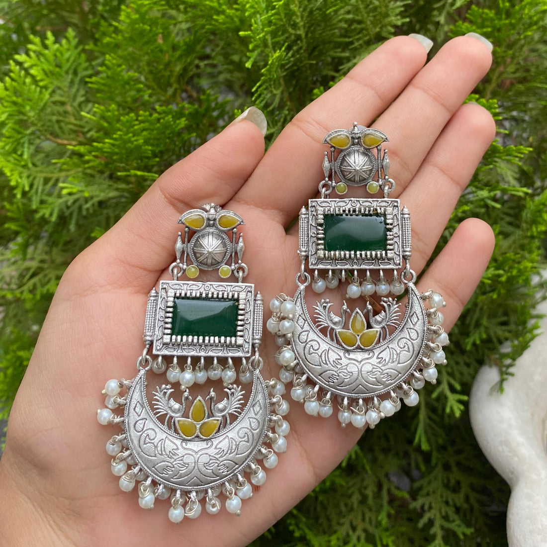 Verdant Lotus Crescent Earrings – A Blossom of Green Serenity and Timeless Grace