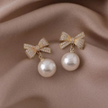 Vintage Bow & Pearl Studs – Glamorous Gold-Tone Drop Earrings