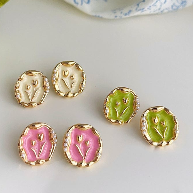Vintage Tulip Enamel Studs – (Set of 3 colour-Green, pink, white) Pearl Accent Earrings