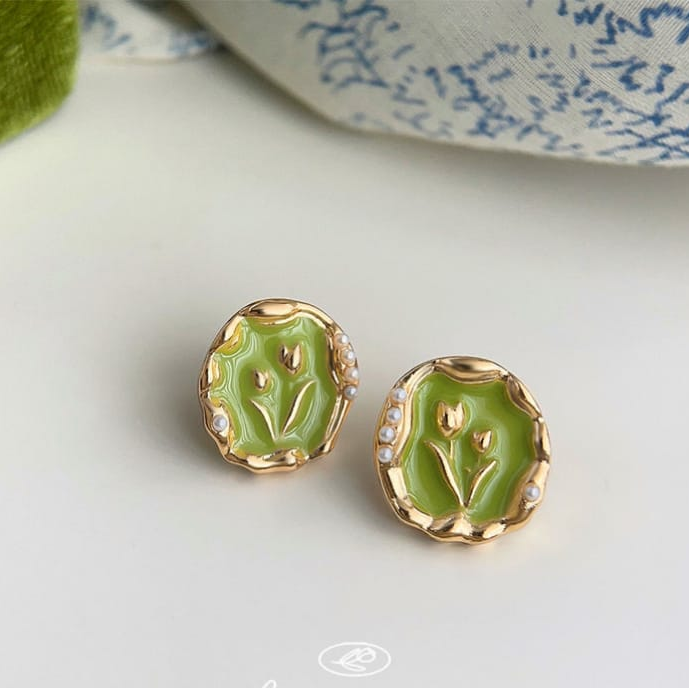 Vintage Tulip Enamel Studs – (Set of 3 colour-Green, pink, white) Pearl Accent Earrings
