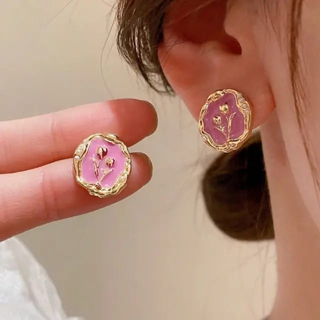 Vintage Tulip Enamel Studs – (Set of 3 colour-Green, pink, white) Pearl Accent Earrings