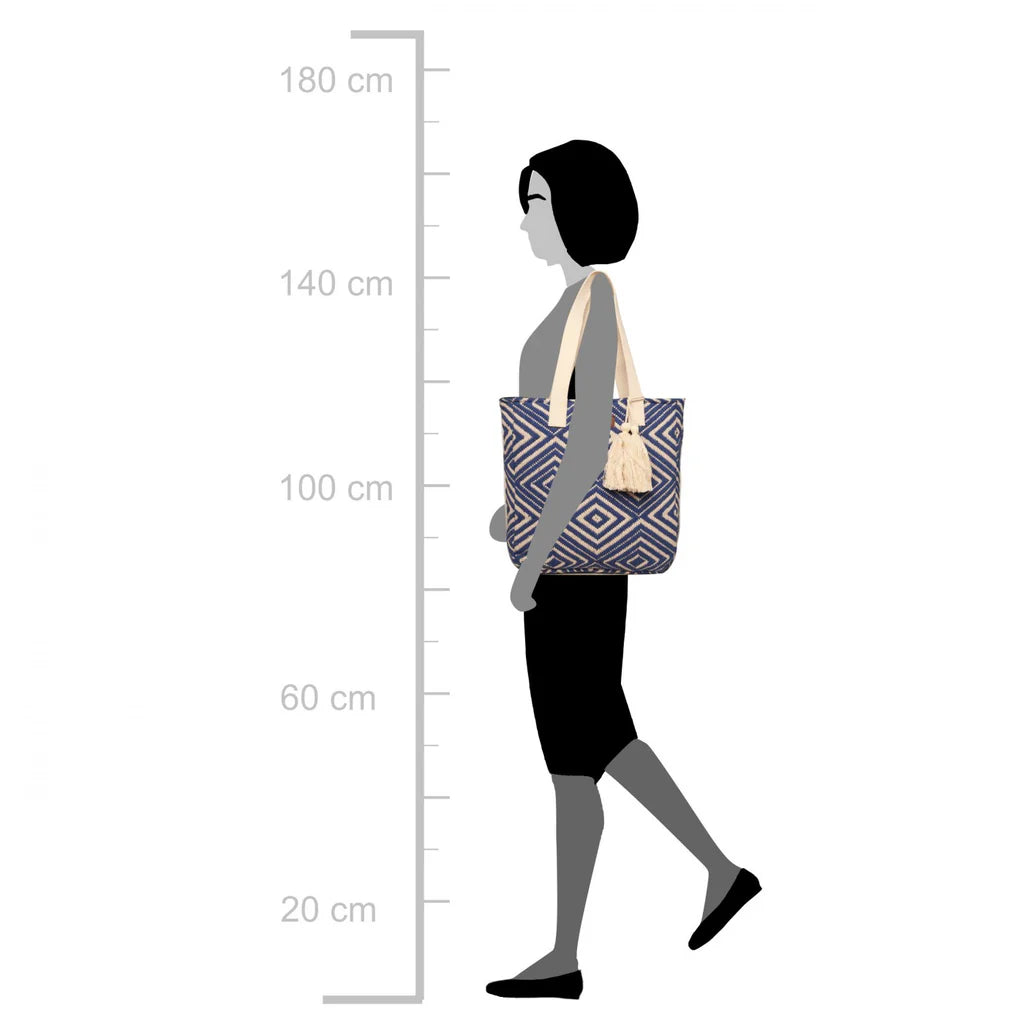Women’s Blue Diamond Shopper Bag with Tassels – A Stylish Blend of Elegance & Functionality