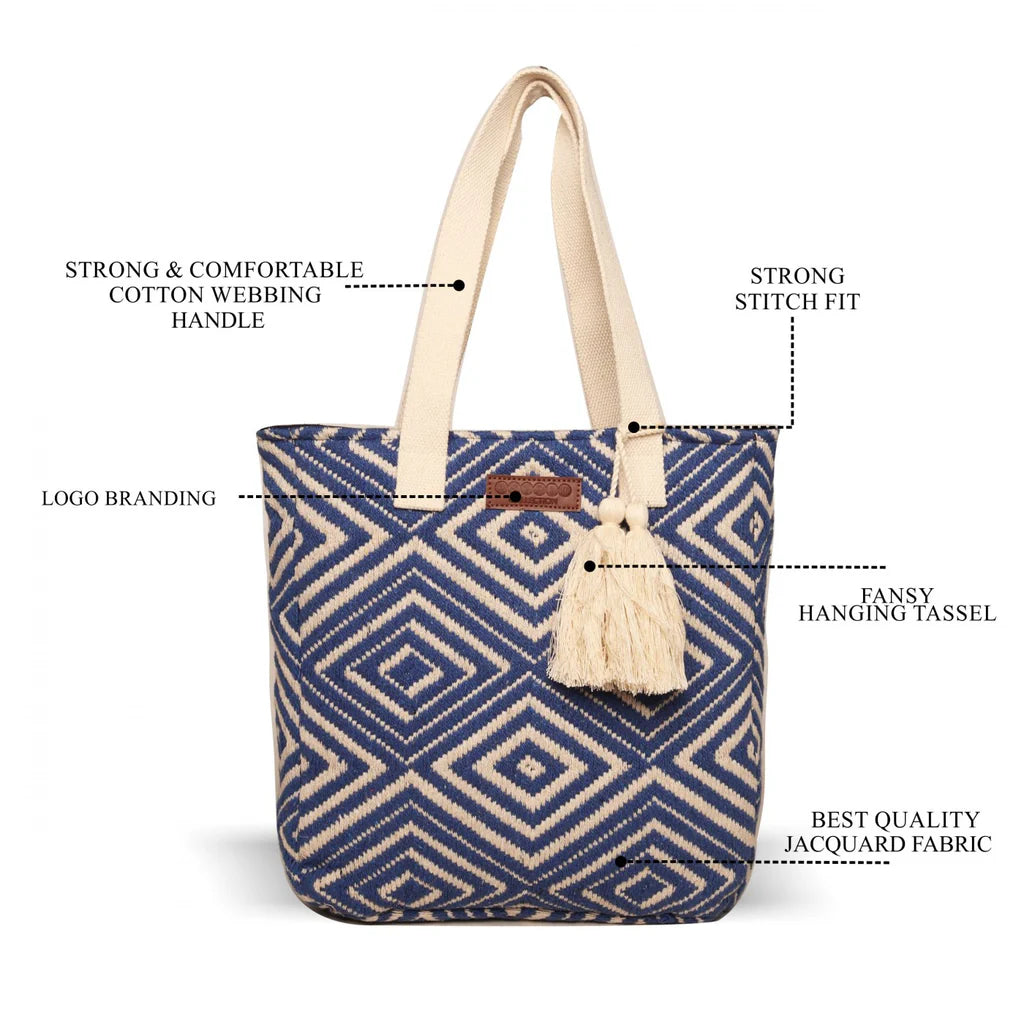 Women’s Blue Diamond Shopper Bag with Tassels – A Stylish Blend of Elegance & Functionality