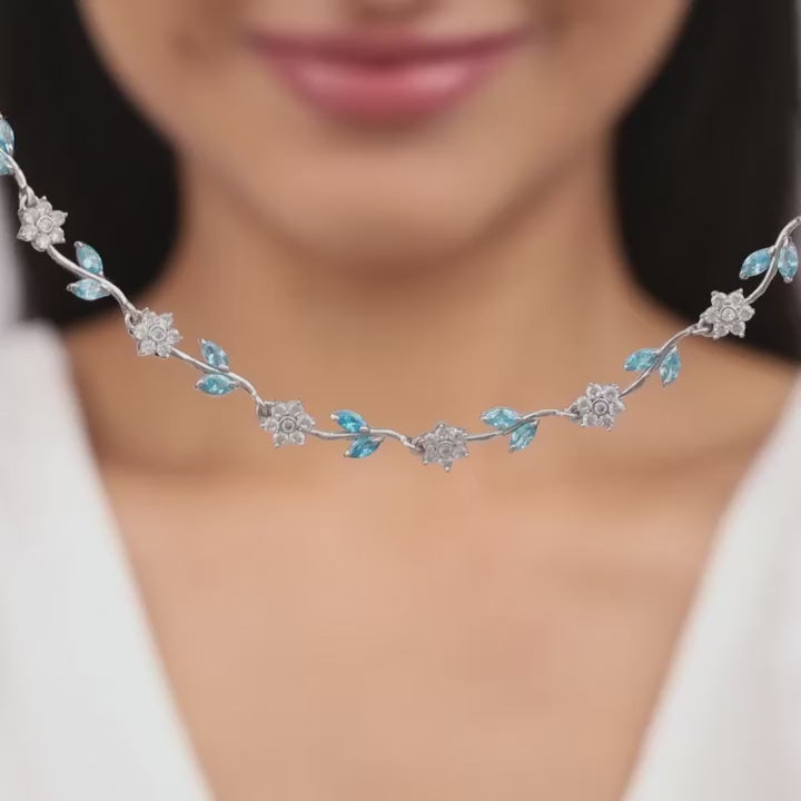 Silvers Aqua Blue Floral Necklace – Nature’s Grace in Pure 925 Silver