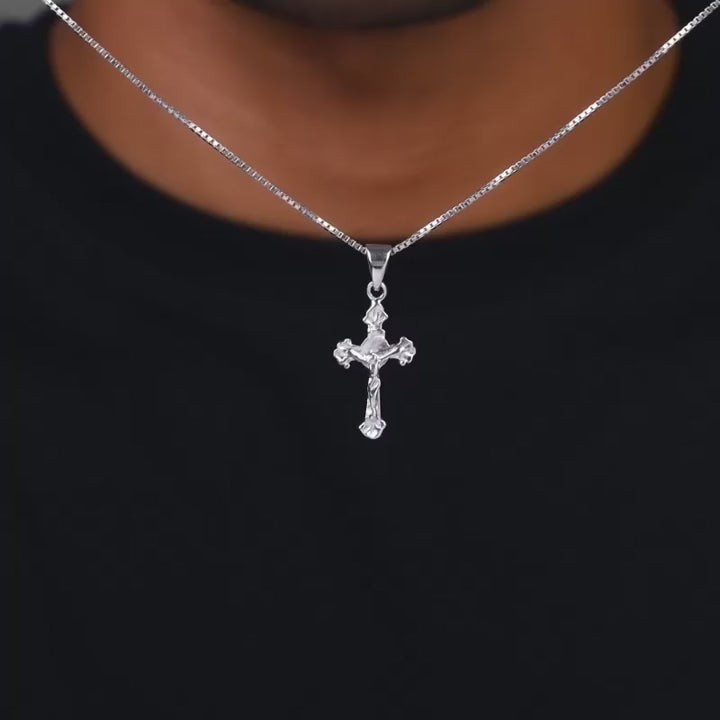 Silver Striped Cross Pendant with Box Chains For Him – Made with Pure 925 Silver