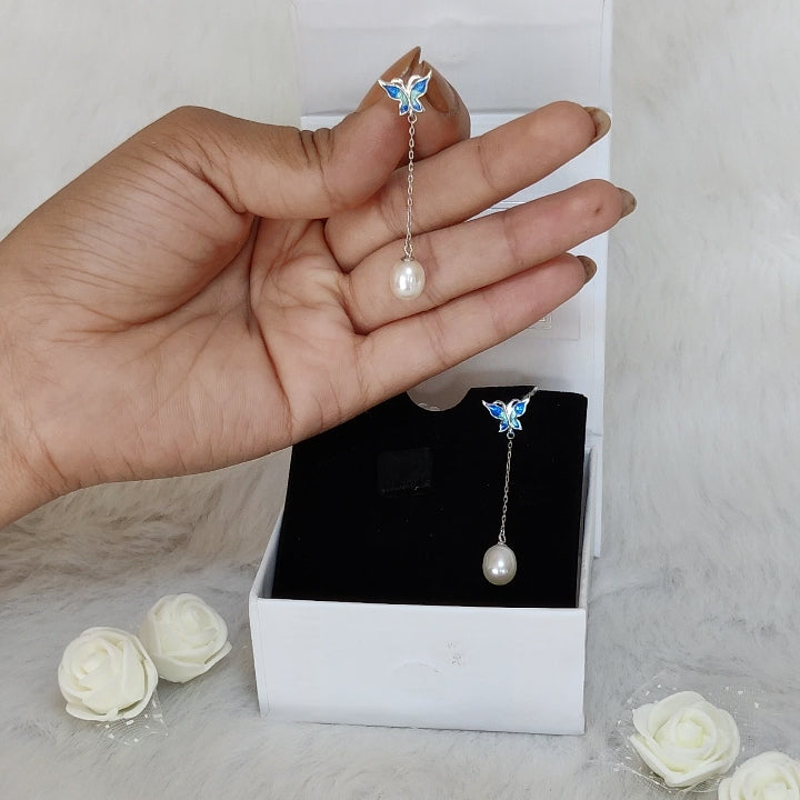 Silvers Butterfly Pearl Dangle Earrings – Graceful Beauty in Pure 925 Silver